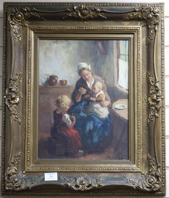 19th century Dutch South African School, oil on canvas, Interior with a mother feeding a baby, a sibling looking on, 39 x 29cm